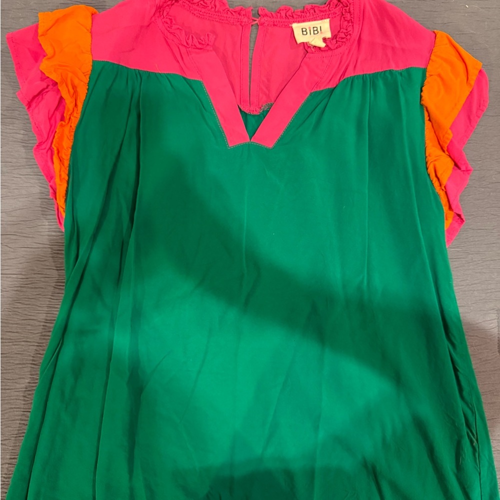 SOLD BiBi Colorful Green Blouse with Pink and Orange Details